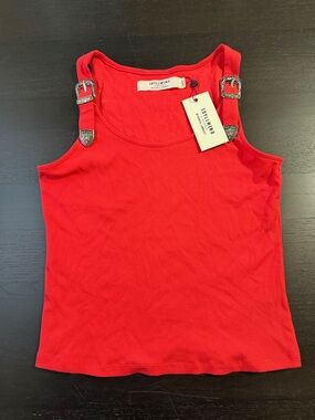 Idyllwind Bright Red Ribbed Tank with Buckle-Strap Detail